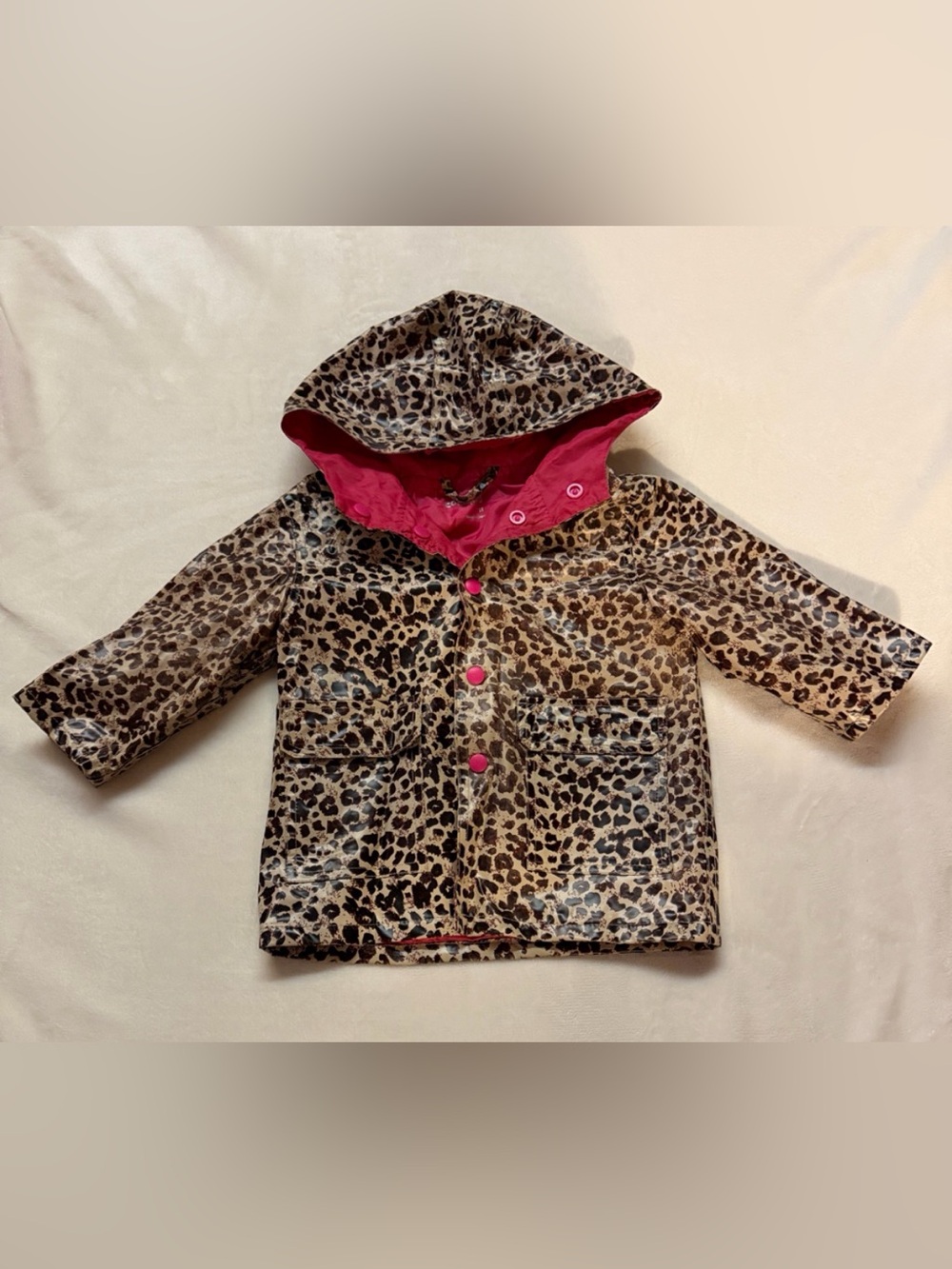 Leopard Print Hooded Kids Rain Jacket Jacket with Pink Lining